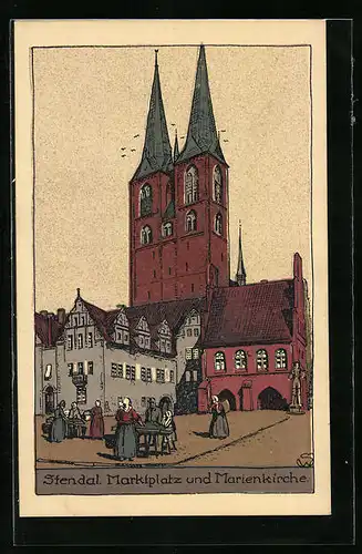 Steindruck-AK Stendal, Marktplatz und Marienkirche