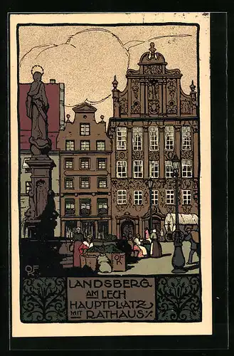 Steindruck-AK Landsberg a. Lech, Der Hauptplatz mit Rathaus