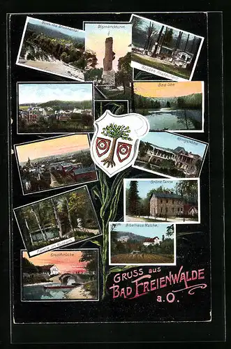 AK Bad Freienwalde a. O., Baasee Restaurant, Bismarckturm, Gasthaus Grünne Tanne