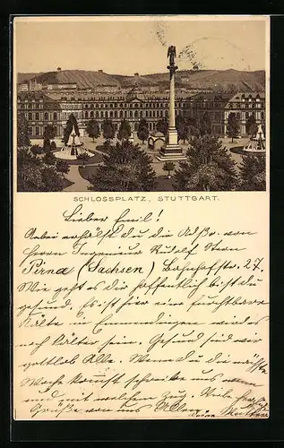 Lithographie Stuttgart, Schlossplatz mit Denkmal und Springbrunnen