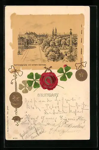 Präge-Lithographie Stuttgart, Schlossplatz mit altem Schloss