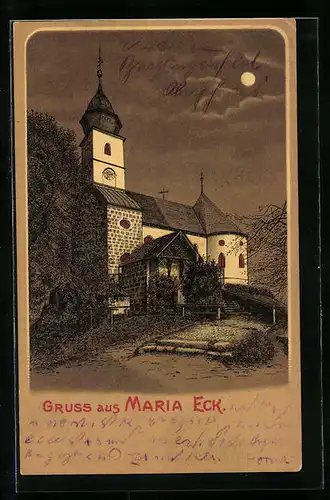 Mondschein-Lithographie Maria Eck, Kirche im Vollmondlicht