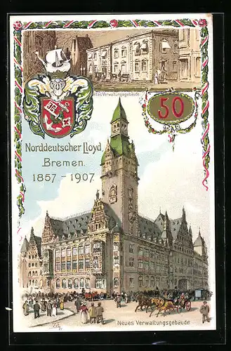 Lithographie Bremen, Neues und altes Verwaltungsgebäude, Norddeutscher Lloyd