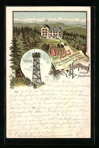 Lithographie Hochblauen, Hotel-Pension Hochblauen, Aussichtsthurm, Alpenpanorama