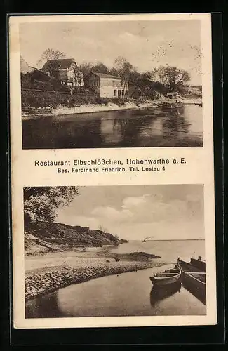 AK Hohenwarthe a. E., Restaurant Elbschlösschen, Uferpartie mit Booten