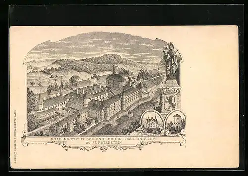 Lithographie Fürstenstein, Knabeninstitut der Englischen Fräulein B. M. V zu Fürstenstein, Engelburg, Saldenburg