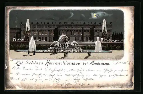 Mondschein-Lithographie Herrenchiemsee, Kgl. Schloss bei Vollmond