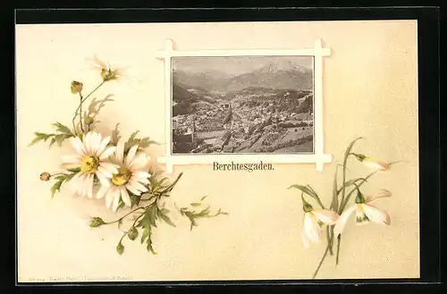 Passepartout-Lithographie Berchtesgaden, Totalansicht aus der Vogelschau, Blumen-Dekor