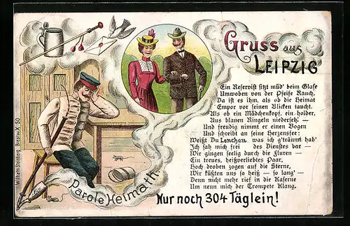 Lithographie Leipzig, Reservesoldat mit Tabakspfeife, Paar im Park