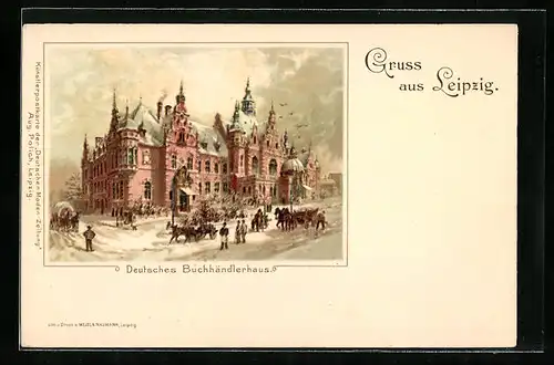 Lithographie Leipzig, Deutsches Buchhändlerhaus im Schnee