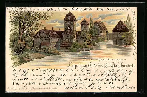 Lithographie Leipzig, Nonnenmühle mit Pferdeschwemme