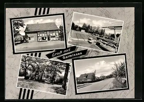 AK Garmissen, Strassenpartie, Geschäft und Schwimmbad