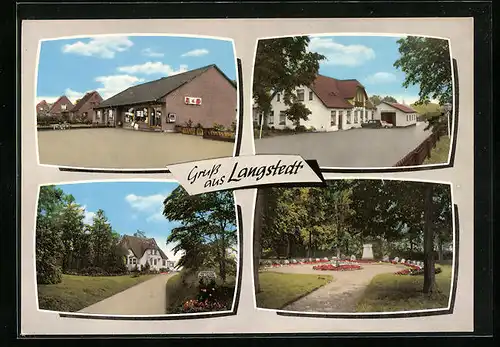 AK Langstedt, Ortsansicht mit Geschäft A & O, Grünanlage