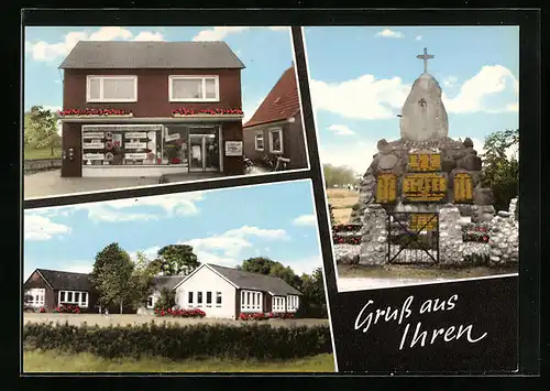 AK Ihren b. Leer, Ortsansichten, Geschäft, Denkmal