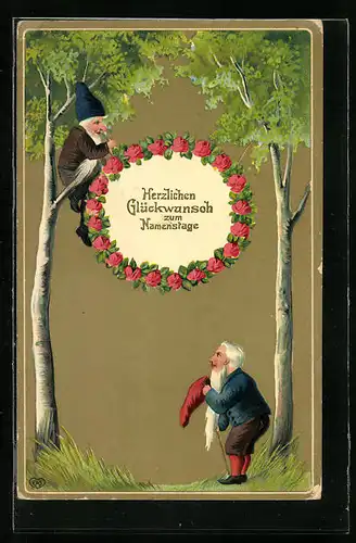 AK Glückwunsch zum Namenstag, Zwerge im Wald