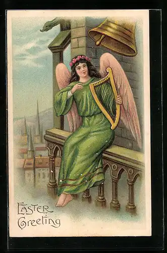 AK Osterengel mit Harfe auf Glockenturm
