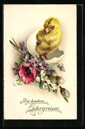AK Osterküken mit Blumen