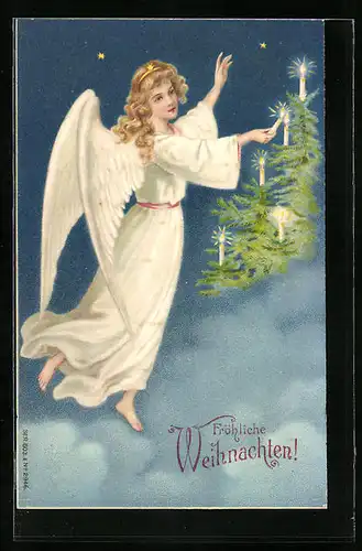 AK Weihnachtsengel mit Christbaum