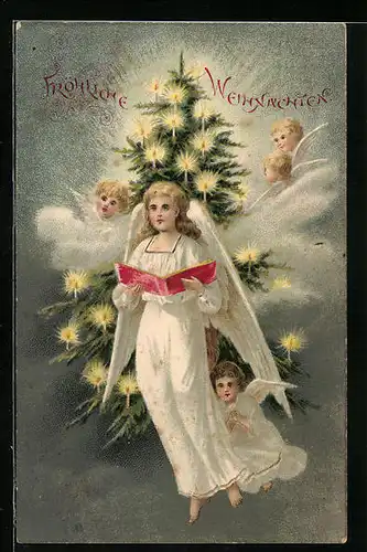Präge-AK Weihnachtsengel mit Weihnachtsbaum zum Feste