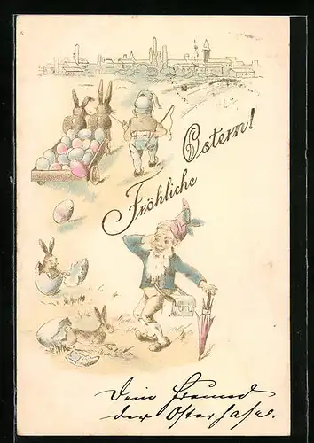 Präge-AK Zwerg wünscht fröhliche Ostern, Osterhasen schlüpfen aus dem Ei