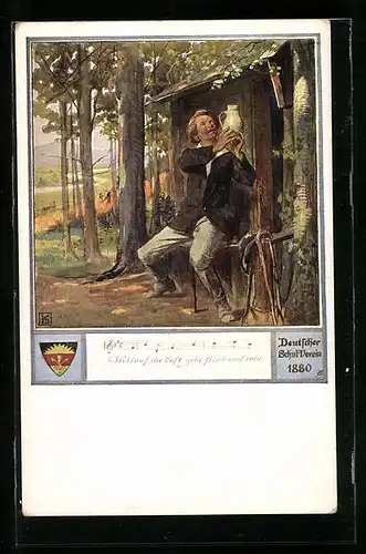 Künstler-AK Karl Friedrich Gsur, Deutscher Schulverein Nr. 556: Mann mit Krug vor einer Waldhütte