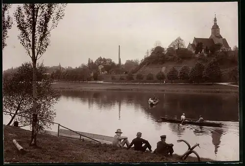 Fotografie Brück & Sohn Meissen, Ansicht Nerchau / Mulde, Muldenpartie mit Ruderboot Fähre und Anker am Ufer