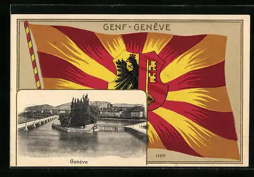 AK Genève, Uferpartie, Fahne mit Wappen
