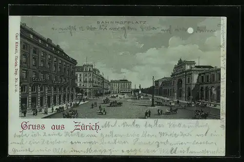 Mondschein-Lithographie Zürich, Belebter Bahnhofplatz im Vollmondlicht