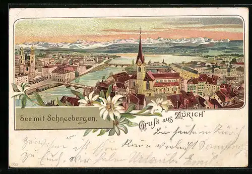 Lithographie Zürich, Panorama mit Blick auf See und Schneebergen