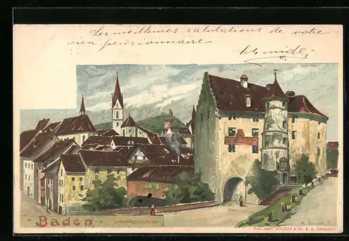 Lithographie Baden, Ansicht auf den Siedlungsort, Landvogteischloss