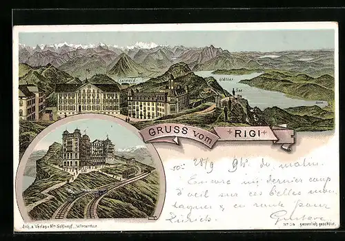 Lithographie Rigi, Gruss vom Rigi mit dem Vierwaldstätter See