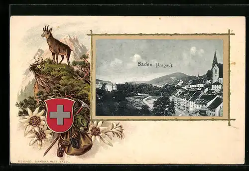 Passepartout-Lithographie Baden, Ortsansicht, Gämse und Wappen
