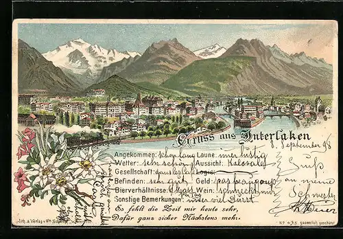 Lithographie Interlaken, Totalansicht mit Bergpanorama