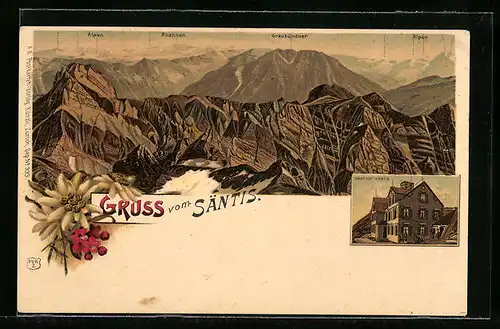 Lithographie Säntis, Gasthof Säntis, Graubündner, Alpen