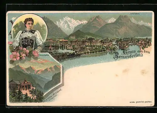 Lithographie Interlaken, Gruss aus dem Berneroberland, Heimwehfluh, Frau in Tracht