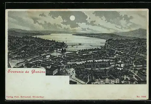 Mondschein-AK Genéve, Ortsansicht aus der Vogelschau