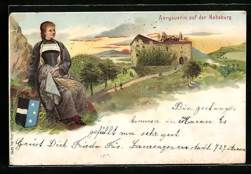 Lithographie Aarau, Aargauerin auf der Habsburg