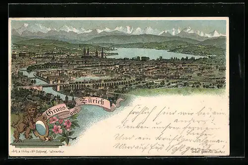 Lithographie Zürich, Gesamtansicht aus der Vogelschau