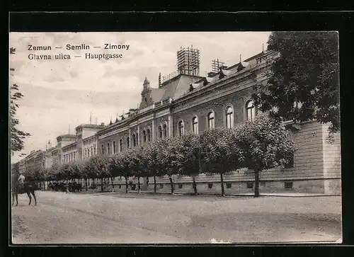 AK Semlin, Strasse Hauptgasse und Soldat zu Pferde