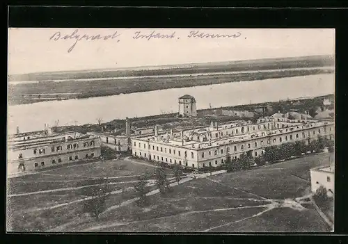 AK Belgrad, Die stark zerschossenen Kasernen von Kalimegdan mit dem Nebojseturm