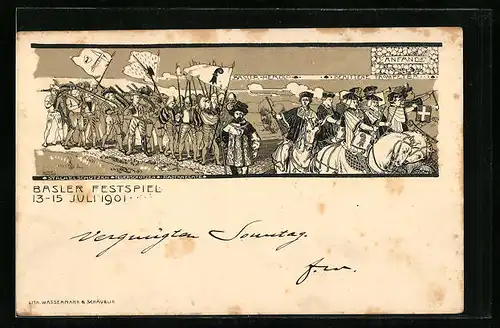 Lithographie Basel, Festpiel 1901, Stachelschützen, Stadtknechte, Basler-Herold