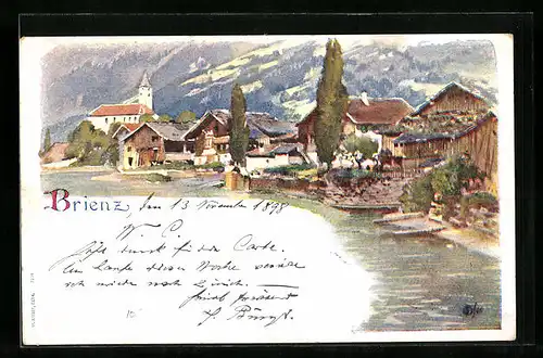 Lithographie Brienz, Uferpartie im Ort