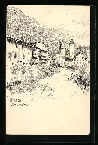 Künstler-AK Süs /Engadin, Ortspartie mit Kirche