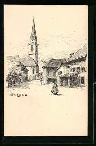 Künstler-AK Bülach, Strassenpartie mit Kirche