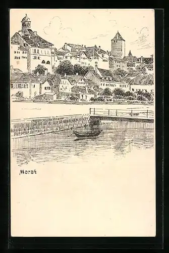 Künstler-AK Morat, Teilansicht mit Brücke vom Wasser aus