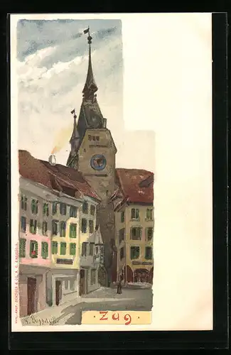 Künstler-AK Zug, Strassenpartie mit Blick auf Zeitturm