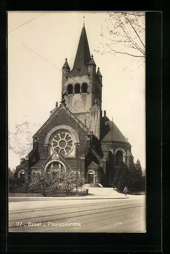 AK Basel, Pauluskirche mit Strasse