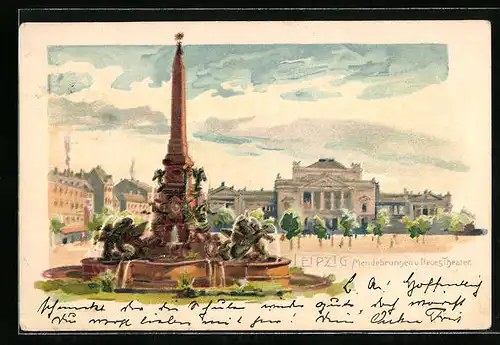 Lithographie Leipzig, Mendebrunnen und Neues Theater