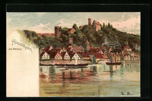 Lithographie Hirschhorn, Teilansicht mit dem Neckar