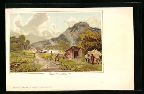 Lithographie Bad Kreuth, Hütte vor der Ortschaft
